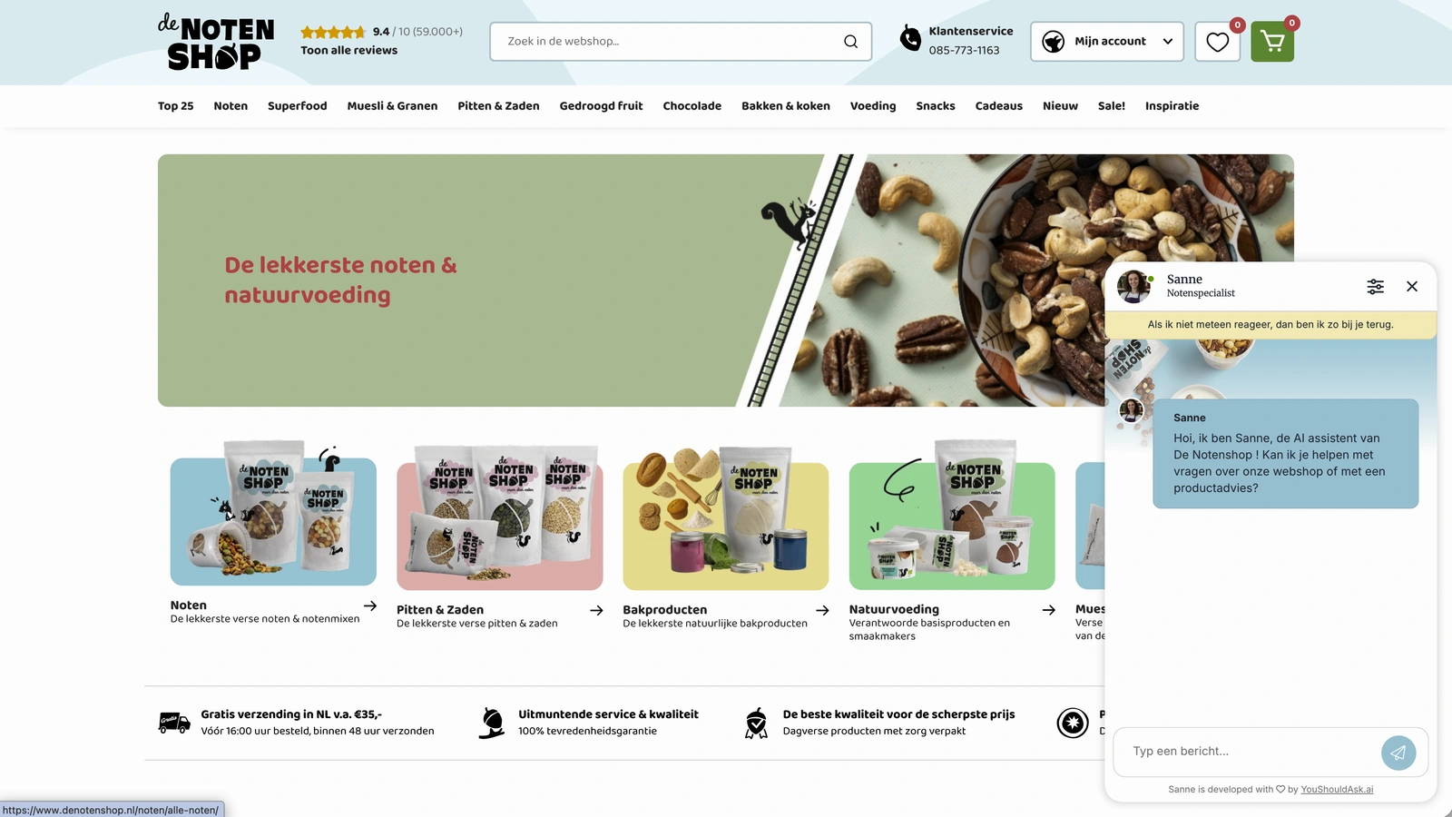 De webshop van De Notenshop met het gesprekvenster van AI-assistent Sanne